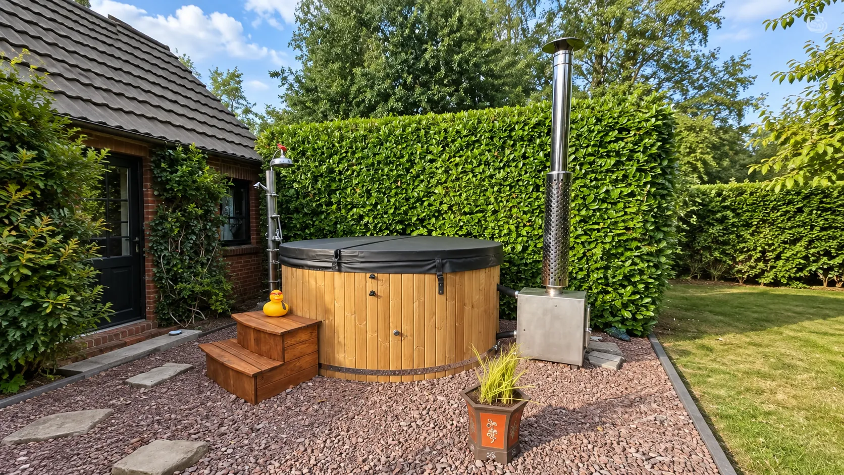 Hot tub en bois avec poêle externe dans un jardin